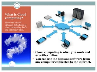 What is Cloud computing? There are a lot of different definitions of cloud computing. Let’s  use some easy ones. Cloud computing is when you work and save files online.  You can use the files and software from any computer connected to the internet. 