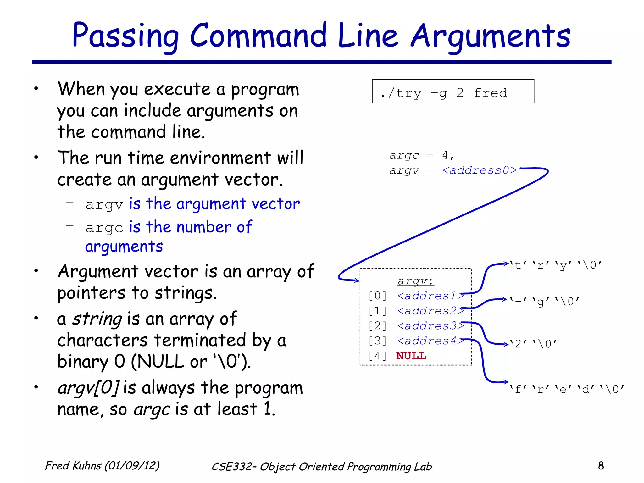 Passing Command Line Arguments When you execute a program you can include arguments on the command line. The run time environment will create an argument vector. argv  is the argument vector argc  is the number of arguments  Argument vector is an array of pointers to strings. a  string  is an array of characters terminated by a binary 0 (NULL or ‘\0’). argv[0]  is always the program name, so  argc  is at least 1. ./try –g 2 fred argc  = 4, argv  =  <address0> ‘ t’‘r’‘y’‘\0’ argv : [0]  <addres1> [1]  <addres2> [2]   <addres3> [3]   <addres4> [4]  NULL ‘ -’‘g’‘\0’ ‘ 2’‘\0’ ‘ f’‘r’‘e’‘d’‘\0’ 