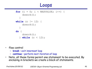 Loops for  (i = 0; i < MAXVALUE; i++) {   dowork(); } while  (c != 12) {   dowork(); } do  {   dowork(); }  while  (c < 12); flow control break  – exit innermost loop continue  – perform next iteration of loop Note, all these forms permit one statement to be executed. By enclosing in brackets we create a block of statements. 
