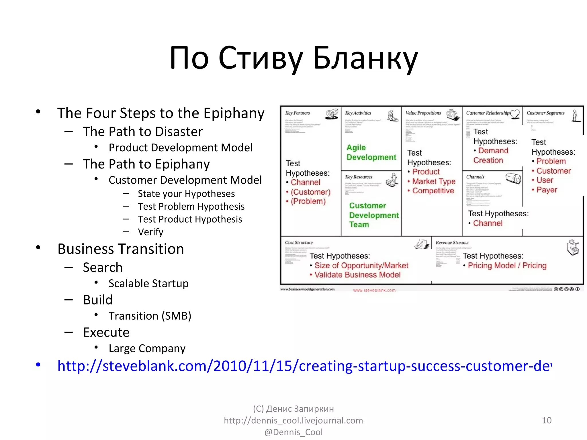 По Стиву Бланку
•   The Four Steps to the Epiphany
     – The Path to Disaster
         • Product Development Model
     – The Path to Epiphany
         • Customer Development Model
                –   State your Hypotheses
                –   Test Problem Hypothesis
                –   Test Product Hypothesis
                –   Verify
•   Business Transition
     – Search
         • Scalable Startup
     – Build
         • Transition (SMB)
     – Execute
         • Large Company
•   http://steveblank.com/2010/11/15/creating-startup-success-customer-developm

                                             (C) Денис Запиркин
                                      http://dennis_cool.livejournal.com   10
                                                @Dennis_Cool
 