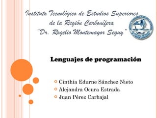 Instituto Tecnológico de Estudios Superiores
          de la Región Carbonífera
    “Dr. Rogelio Montemayor Seguy”


         Lenguajes de programación


            Cinthia Edurne Sánchez Nieto
            Alejandra Ocura Estrada

            Juan Pérez Carbajal
 