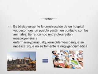  Es básicayurgente la construcción de un hospital
  yaquecomoes un pueblo yestán en contacto con los
  animales, tierra, campo entre otros estan
  máspropensos a
  enfermarseyparacualquieraccidenteocosaque se
  necesite yque no se fomente la negligenciamédica.
 