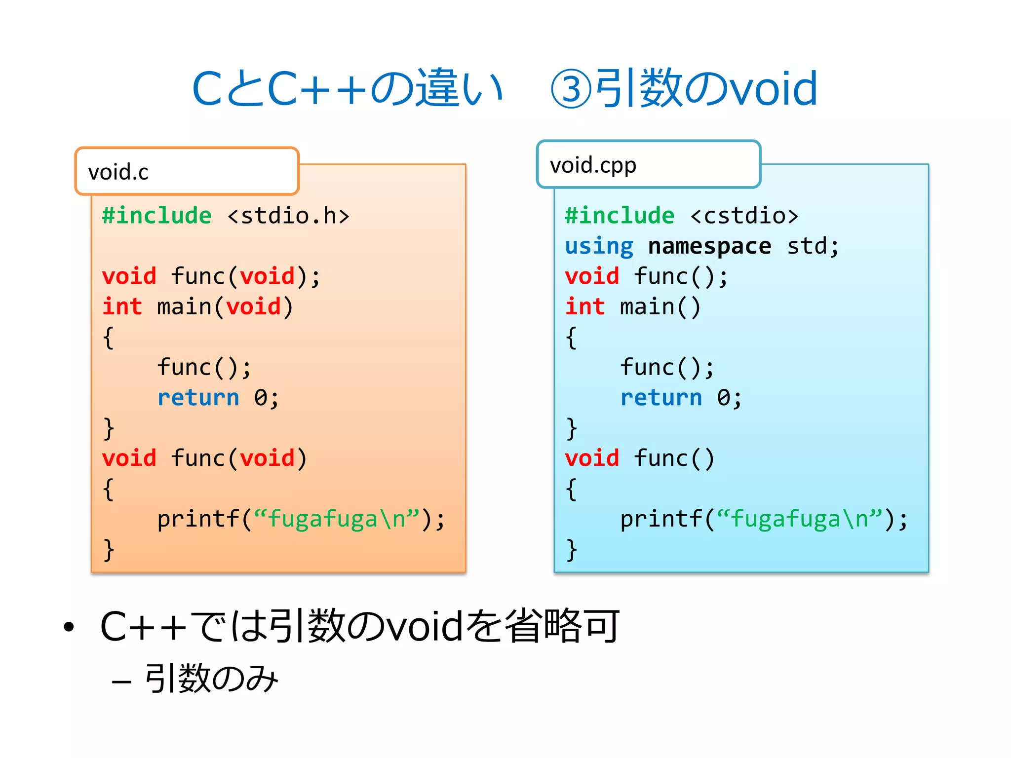 CとC++の違い ③引数のvoid
void.c                       void.cpp

 #include <stdio.h>           #include <cstdio>
                              using namespace std;
 void func(void);             void func();
 int main(void)               int main()
 {                            {
     func();                      func();
     return 0;                    return 0;
 }                            }
 void func(void)              void func()
 {                            {
     printf(‚fugafugan‛);        printf(‚fugafugan‛);
 }                            }


• C++では引数のvoidを省略可
  – 引数のみ
 