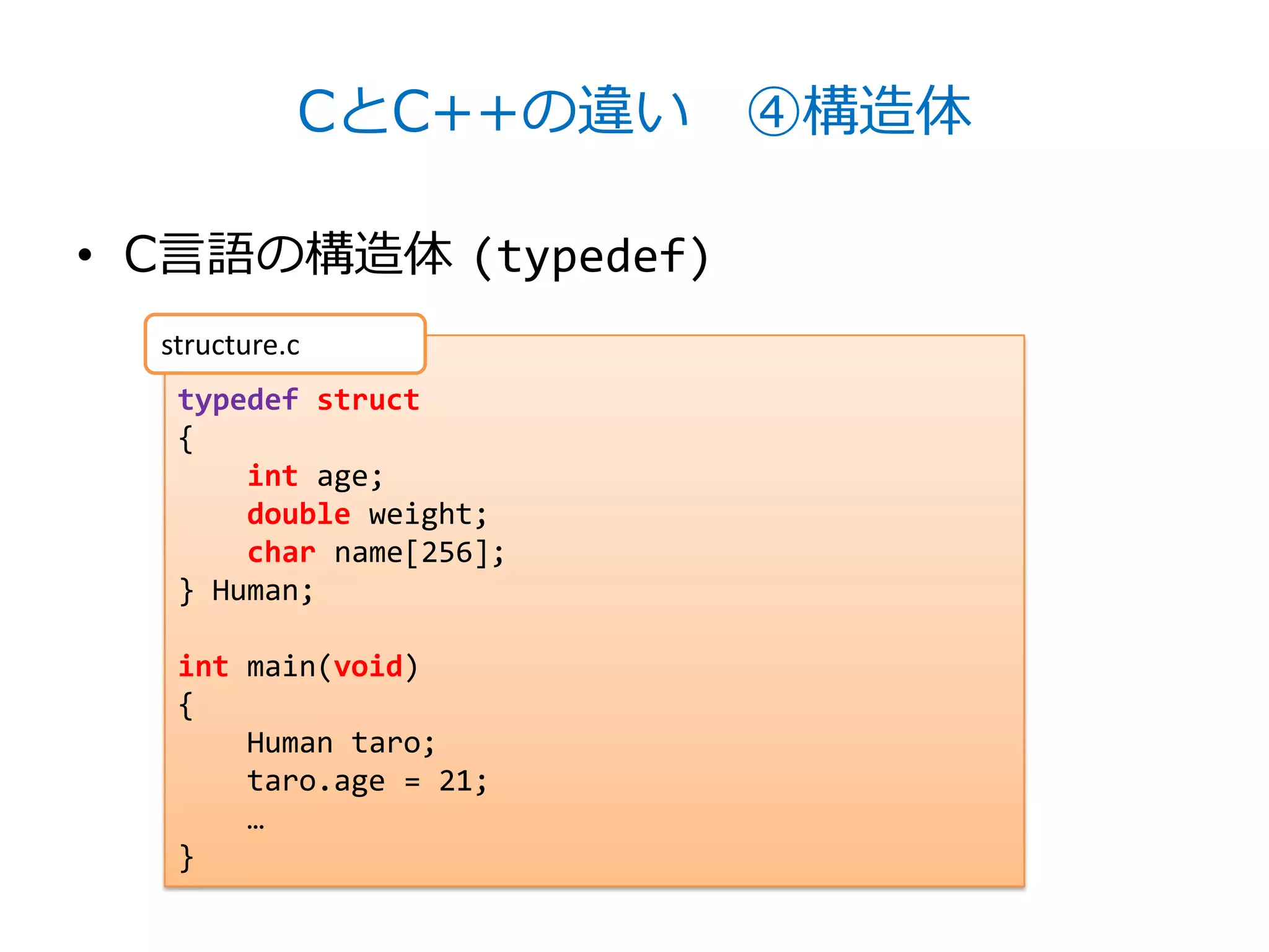 CとC++の違い ④構造体

• C言語の構造体 (typedef)
  structure.c
   typedef struct
   {
       int age;
       double weight;
       char name[256];
   } Human;

   int main(void)
   {
       Human taro;
       taro.age = 21;
       …
   }
 