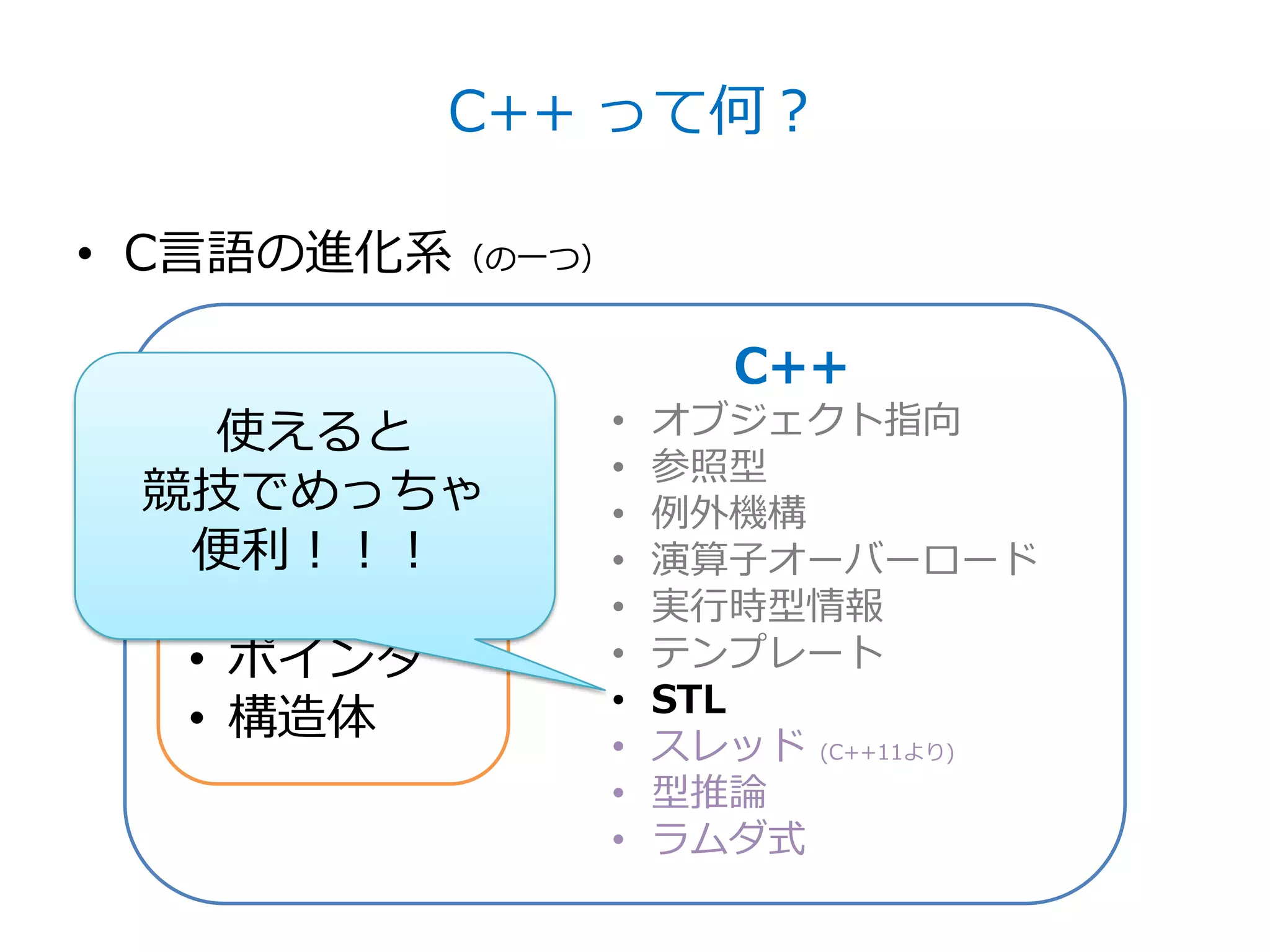 C++ って何？

• C言語の進化系（の一つ）

                   C++
   使えると      •   オブジェクト指向
     C言語     •   参照型
 競技でめっちゃ     •   例外機構
  • 配列
  便利！！！      •   演算子オーバーロード
  • 関数       •   実行時型情報
  • ポインタ     •   テンプレート
             •   STL
  • 構造体
             •   スレッド (C++11より)
             •   型推論
             •   ラムダ式
 