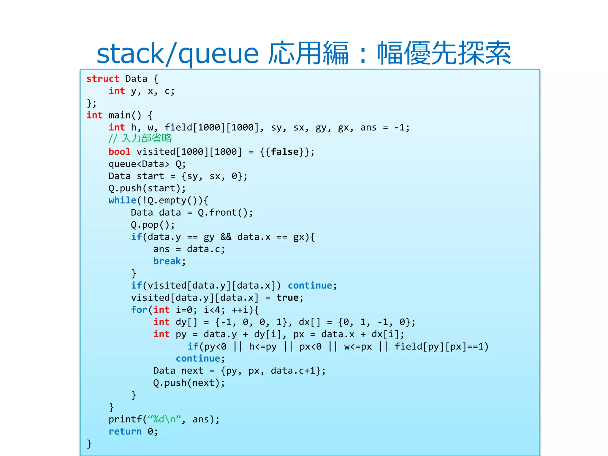 stack/queue 応用編：幅優先探索
struct Data {
    int y, x, c;
};
int main() {
    int h, w, field[1000][1000], sy, sx, gy, gx, ans = -1;
    // 入力部省略
    bool visited[1000][1000] = {{false}};
    queue<Data> Q;
    Data start = {sy, sx, 0};
    Q.push(start);
    while(!Q.empty()){
        Data data = Q.front();
        Q.pop();
        if(data.y == gy && data.x == gx){
             ans = data.c;
             break;
        }
        if(visited[data.y][data.x]) continue;
        visited[data.y][data.x] = true;
        for(int i=0; i<4; ++i){
             int dy[] = {-1, 0, 0, 1}, dx[] = {0, 1, -1, 0};
             int py = data.y + dy[i], px = data.x + dx[i];
                    if(py<0 || h<=py || px<0 || w<=px || field[py][px]==1)
                 continue;
             Data next = {py, px, data.c+1};
             Q.push(next);
        }
    }
    printf(‚%dn‛, ans);
    return 0;
}
 
