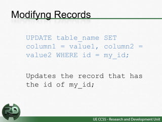 Modifyng Records

  UPDATE table_name SET
  column1 = value1, column2 =
  value2 WHERE id = my_id;

  Updates the record that has
  the id of my_id;
 