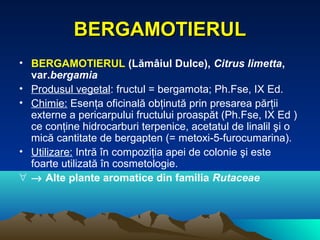 BERGAMOTIERUL
• BERGAMOTIERUL (Lămâiul Dulce), Citrus limetta,
  var.bergamia
• Produsul vegetal: fructul = bergamota; Ph.Fse, IX Ed.
• Chimie: Esenţa oficinală obţinută prin presarea părţii
  externe a pericarpului fructului proaspăt (Ph.Fse, IX Ed )
  ce conţine hidrocarburi terpenice, acetatul de linalil şi o
  mică cantitate de bergapten (= metoxi-5-furocumarina).
• Utilizare: Intră în compoziţia apei de colonie şi este
  foarte utilizată în cosmetologie.
∀ → Alte plante aromatice din familia Rutaceae
 