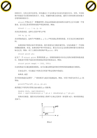 H                                                                                                 H
          F-XC A N GE                                                                                       F-XC A N GE
    PD                                                                                                PD




                          !




                                                                                                                            !
                       W




                                                                                                                         W
                      O




                                                                                                                        O
                     N




                                                                                                                       N
                   y




                                                                                                                     y
                bu




                                                                                                                  bu
           to




                                                                                                             to
          k




                                                                                                            k
     lic




                                                                                                       lic
    C




                                                                                                      C
w




                                                                                                  w
                               m




                                                                                                                                 m
    w                                                                                                 w
w




                                                                                                  w
                              o




                                                                                                                                o
        .d o                  .c                                                                          .d o                  .c
               c u-tr a c k                                                                                      c u-tr a c k




                                   struct


                                   struct { ... } x, y, z;



                                   int x, y, z;

                                                                x y   z




                                                                       point

                                   struct point pt;

                                        struct point                  pt


                                   struct point maxpt = {320, 200};




                                        .

                                                  “.                                         pt


                                   printf("%d,%d", pt.x, pt.y);

                                                       (0, 0)    pt

                                   double dist, sqrt(double);
                                   dist = sqrt((double)pt.x * pt.x + (double)pt.y * pt.y);

                                                                                    6-2




                                                                           6-2
 