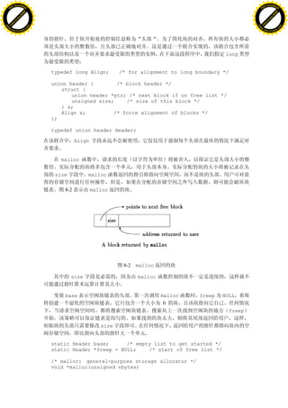 H                                                                                                          H
          F-XC A N GE                                                                                                F-XC A N GE
    PD                                                                                                         PD




                          !




                                                                                                                                     !
                       W




                                                                                                                                  W
                      O




                                                                                                                                 O
                     N




                                                                                                                                N
                   y




                                                                                                                              y
                bu




                                                                                                                           bu
           to




                                                                                                                      to
          k




                                                                                                                     k
     lic




                                                                                                                lic
    C




                                                                                                               C
w




                                                                                                           w
                               m




                                                                                                                                          m
    w                                                                                                          w
w




                                                                                                           w
                              o




                                                                                                                                         o
        .d o                  .c                                                                                   .d o                  .c
               c u-tr a c k                                                                                               c u-tr a c k




                                                                                                  long


                                   typedef long Align;         /* for alignment to long boundary */

                                   union header {        /* block header */
                                      struct {
                                          union header *ptr; /* next block if on free list */
                                          unsigned size;    /* size of this block */
                                      } s;
                                      Align x;          /* force alignment of blocks */
                                   };

                                   typedef union header Header;

                                             Align


                                      malloc

                                    size          malloc

                                       8-2           malloc




                                                                8-2 malloc

                                           size                      malloc


                                       base                                   malloc     freep   NULL
                                                                               0
                                                                                                   freep

                                                        size


                                   static Header base;      /* empty list to get started */
                                   static Header *freep = NULL;    /* start of free list */

                                   /* malloc: general-purpose storage allocator */
                                   void *malloc(unsigned nbytes)
 