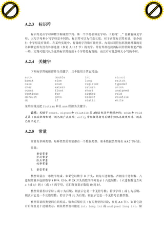 H                                                                                                                                  H
          F-XC A N GE                                                                                                                        F-XC A N GE
    PD                                                                                                                                 PD




                          !




                                                                                                                                                             !
                       W




                                                                                                                                                          W
                      O




                                                                                                                                                         O
                     N




                                                                                                                                                        N
                   y




                                                                                                                                                      y
                bu




                                                                                                                                                   bu
           to




                                                                                                                                              to
          k




                                                                                                                                             k
     lic




                                                                                                                                        lic
    C




                                                                                                                                       C
w




                                                                                                                                   w
                               m




                                                                                                                                                                  m
    w                                                                                                                                  w
w




                                                                                                                                   w
                              o




                                                                                                                                                                 o
        .d o                  .c                                                                                                           .d o                  .c
               c u-tr a c k                                                                                                                       c u-tr a c k




                                   A.2.3

                                                                                                              “_

                                   31
                                                                             A.11.2
                                                                                 6


                                   A.2.4


                                   auto                     double                      int                 struct
                                   break                    else                        long                switch
                                   case                     enum                        register            typedef
                                   char                     extern                      return              union
                                   const                    float                       short               unsigned
                                   continue                 for                         signed              void
                                   default                  goto                        sizeof              volatile
                                   do                       if                          static              while

                                                fortran             asm

                                                    const signed                 volatile        ANSI               enum    void
                                        1                                         entry




                                   A.2.5

                                                                                                                    A.4.2




                                        1.

                                                                                        0
                                                        8       9       0x    0X
                                   a        A   f   F                                       10     15

                                                            u       U                                           l      L
                                                                              UL

                                                                                                               A.4
                                                                                      int long int      unsigned long int
 