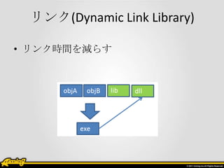 リンク(Dynamic Link Library)

• リンク時間を減らす
 