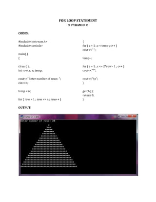 FOR LOOP STATEMENT
 PYRAMID 
CODES:
#include<iostream.h>
#include<conio.h>
main( )
{
clrscr( );
int row, c, n, temp;
cout<<"Enter number of rows: ";
cin>>n;
temp = n;
for ( row = 1 ; row <= n ; row++ )
{
for ( c = 1 ; c < temp ; c++ )
cout<<" ";
temp--;
for ( c = 1 ; c <= 2*row - 1 ; c++ )
cout<<"*";
cout<<"n";
}
getch( );
return 0;
}
OUTPUT:
 
