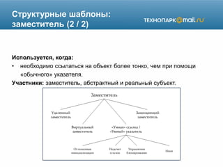 Структурные шаблоны:
заместитель (2 / 2)
Используется, когда:
• необходимо ссылаться на объект более тонко, чем при помощи
«обычного» указателя.
Участники: заместитель, абстрактный и реальный субъект.
 