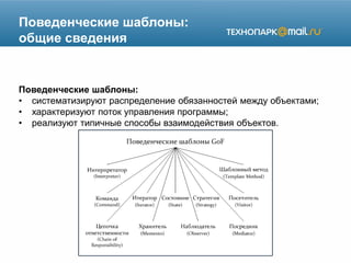 Поведенческие шаблоны:
общие сведения
Поведенческие шаблоны:
• систематизируют распределение обязанностей между объектами;
• характеризуют поток управления программы;
• реализуют типичные способы взаимодействия объектов.
 