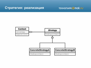 Стратегия: реализация
Context
-strategy
+Operation()
Strategy
+DoAlgorithm()
ConcreteStrategyA
+DoAlgorithm()
ConcreteStrategyB
+DoAlgorithm()
 