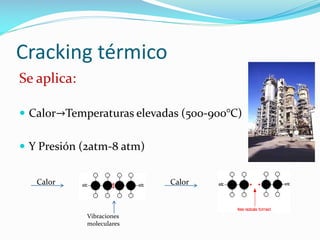Cracking térmico
Se aplica:
 Calor→Temperaturas elevadas (500-900°C)
 Y Presión (2atm-8 atm)
Calor
Vibraciones
moleculares
Calor
 
