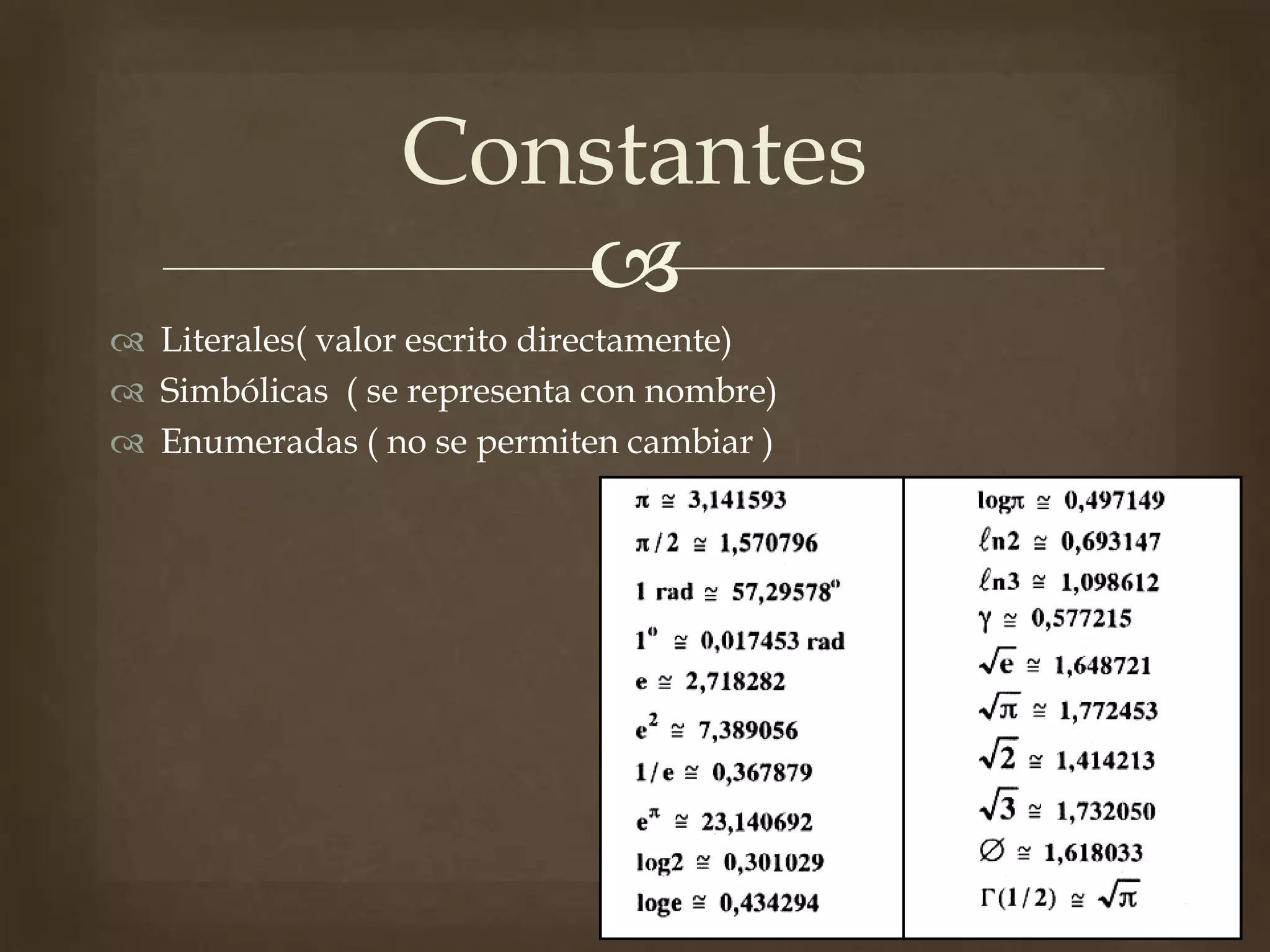 
Literales( valor escrito directamente)
Simbólicas ( se representa con nombre)
Enumeradas ( no se permiten cambiar )
Constantes