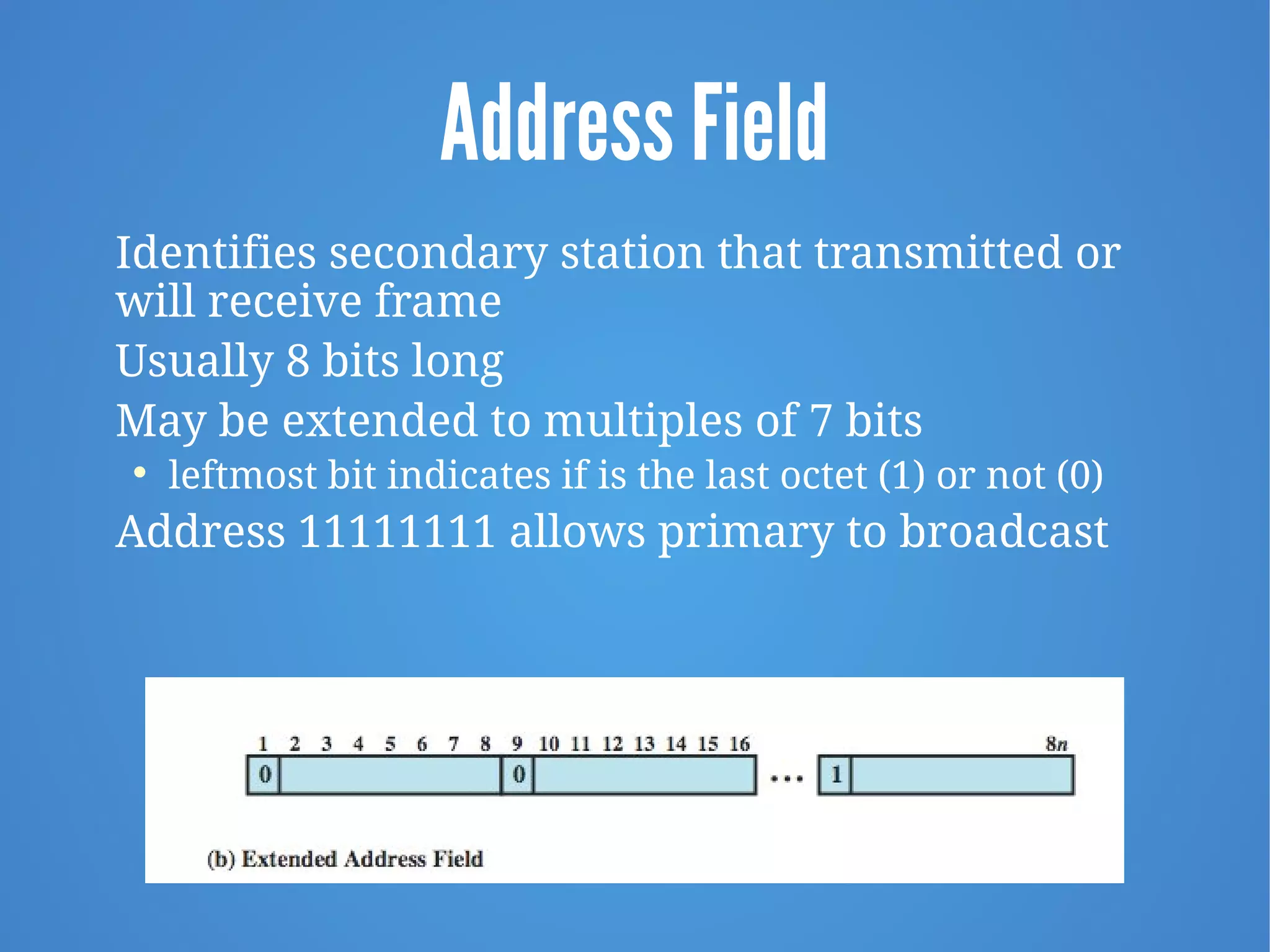 Address Field
Identifies secondary station that transmitted or
will receive frame
Usually 8 bits long
May be extended to multiples of 7 bits

leftmost bit indicates if is the last octet (1) or not (0)
Address 11111111 allows primary to broadcast
 
