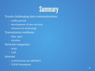 28
Summary
Trends challenging data communications:
– traffic growth
– development of new services
– advances in technology
Transmission mediums
– fiber optic
– wireless
Network categories:
– WAN
– LAN
Internet
– evolved from the ARPANET
– TCP/IP foundation
 