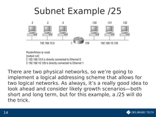 14
Subnet Example /25
There are two physical networks, so we’re going to
implement a logical addressing scheme that allows for
two logical networks. As always, it’s a really good idea to
look ahead and consider likely growth scenarios—both
short and long term, but for this example, a /25 will do
the trick.
 