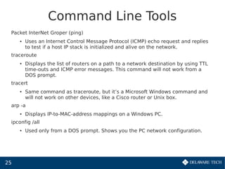 25
Command Line Tools
Packet InterNet Groper (ping)
● Uses an Internet Control Message Protocol (ICMP) echo request and replies
to test if a host IP stack is initialized and alive on the network.
traceroute
● Displays the list of routers on a path to a network destination by using TTL
time-outs and ICMP error messages. This command will not work from a
DOS prompt.
tracert
● Same command as traceroute, but it’s a Microsoft Windows command and
will not work on other devices, like a Cisco router or Unix box.
arp -a
● Displays IP-to-MAC-address mappings on a Windows PC.
ipconfig /all
● Used only from a DOS prompt. Shows you the PC network configuration.
 