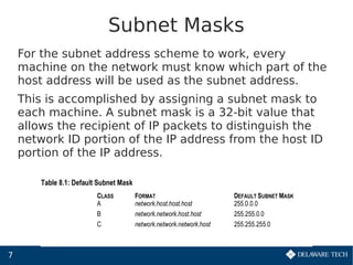 7
Subnet Masks
For the subnet address scheme to work, every
machine on the network must know which part of the
host address will be used as the subnet address.
This is accomplished by assigning a subnet mask to
each machine. A subnet mask is a 32-bit value that
allows the recipient of IP packets to distinguish the
network ID portion of the IP address from the host ID
portion of the IP address.
 