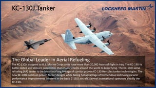 KC-130J Tanker
The Global Leader in Aerial Refueling
The KC-130Js assigned to U.S. Marine Corps units have more than 20,000 hours of flight in Iraq. The KC-130J is
battle-tested and delivers capabilities that enables fleets around the world to keep flying. The KC-130J aerial
refueling (AR) tanker is the latest in a long lineage of combat proven KC-130 Hercules tanker technologies. The
new KC-130J builds on proven tanker designs while taking full advantage of tremendous technological and
performance improvements inherent in the basic C-130J aircraft. Several international operators also fly the
KC-130J.
 