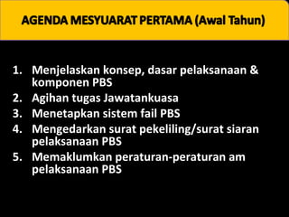 1. Menjelaskan konsep, dasar pelaksanaan &
komponen PBS
2. Agihan tugas Jawatankuasa
3. Menetapkan sistem fail PBS
4. Mengedarkan surat pekeliling/surat siaran
pelaksanaan PBS
5. Memaklumkan peraturan-peraturan am
pelaksanaan PBS

 