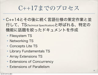 C++17までのプロセス
✤

C++14とその後に続く言語仕様の策定作業と並
行して、TS(Technical Speciﬁcation)と呼ばれる、特定の
機能に話題を絞ったドキュメントを作成
✤

Filesystem TS

✤

Ne...