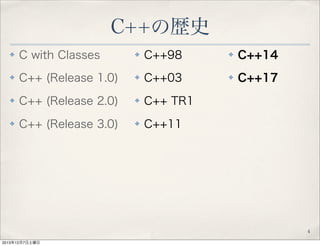 C++の歴史
✤

C with Classes

✤

C++98

✤

C++14

✤

C++ (Release 1.0)

✤

C++03

✤

C++17

✤

C++ (Release 2.0)

✤

C++ TR1

...