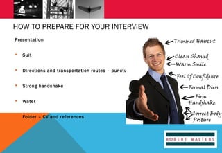 HOW TO PREPARE FOR YOUR INTERVIEW
Presentation


Suit



Directions and transpor tation routes – punctual



Strong handshake



Water



Folder – CV and references

 