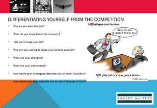 DIFFERENTIATING YOURSELF FROM THE COMPETITION


Why do you want this job?



What do you know about the company?



Talk me through your CV?



Why are you looking to leave your current position?



What are your strengths?



What are your weaknesses?



How would your colleagues describe you at work? Outside of work?



How would your boss describe you at work? Outside of work?

 