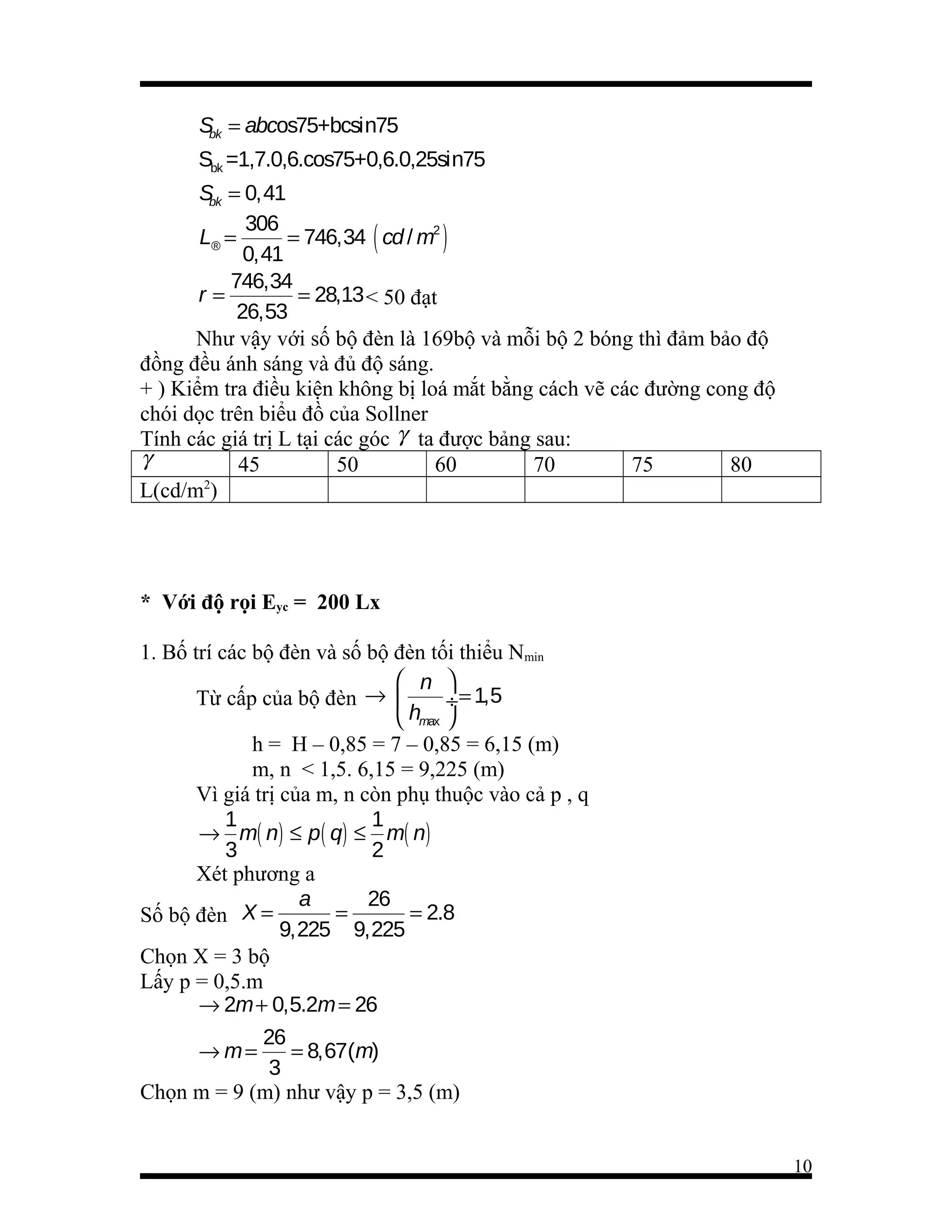 S = abcos75+bcsin75
bk
Sbk =1,7.0,6.cos75+0,6.0,25sin75
S = 0,41
bk
306
L® =
= 746,34 ( cd / m2 )
0,41
746,34
r=
= 28,13 < 50 đạt
26,53
Như vậy với số bộ đèn là 169bộ và mỗi bộ 2 bóng thì đảm bảo độ
đồng đều ánh sáng và đủ độ sáng.
+ ) Kiểm tra điều kiện không bị loá mắt bằng cách vẽ các đường cong độ
chói dọc trên biểu đồ của Sollner
Tính các giá trị L tại các góc γ ta được bảng sau:
γ
45
50
60
70
75
80
2
L(cd/m )

* Với độ rọi Eyc = 200 Lx
1. Bố trí các bộ đèn và số bộ đèn tối thiểu Nmin
 n 
Từ cấp của bộ đèn → 
÷ = 1,5
hmax 

h = H – 0,85 = 7 – 0,85 = 6,15 (m)
m, n < 1,5. 6,15 = 9,225 (m)
Vì giá trị của m, n còn phụ thuộc vào cả p , q
1
1
→ m( n) ≤ p ( q) ≤ m( n)
3
2
Xét phương a
a
26
=
= 2.8
Số bộ đèn X =
9,225 9,225
Chọn X = 3 bộ
Lấy p = 0,5.m
→ 2m + 0,5.2m = 26
26
→ m=
= 8,67(m)
3
Chọn m = 9 (m) như vậy p = 3,5 (m)
10

 