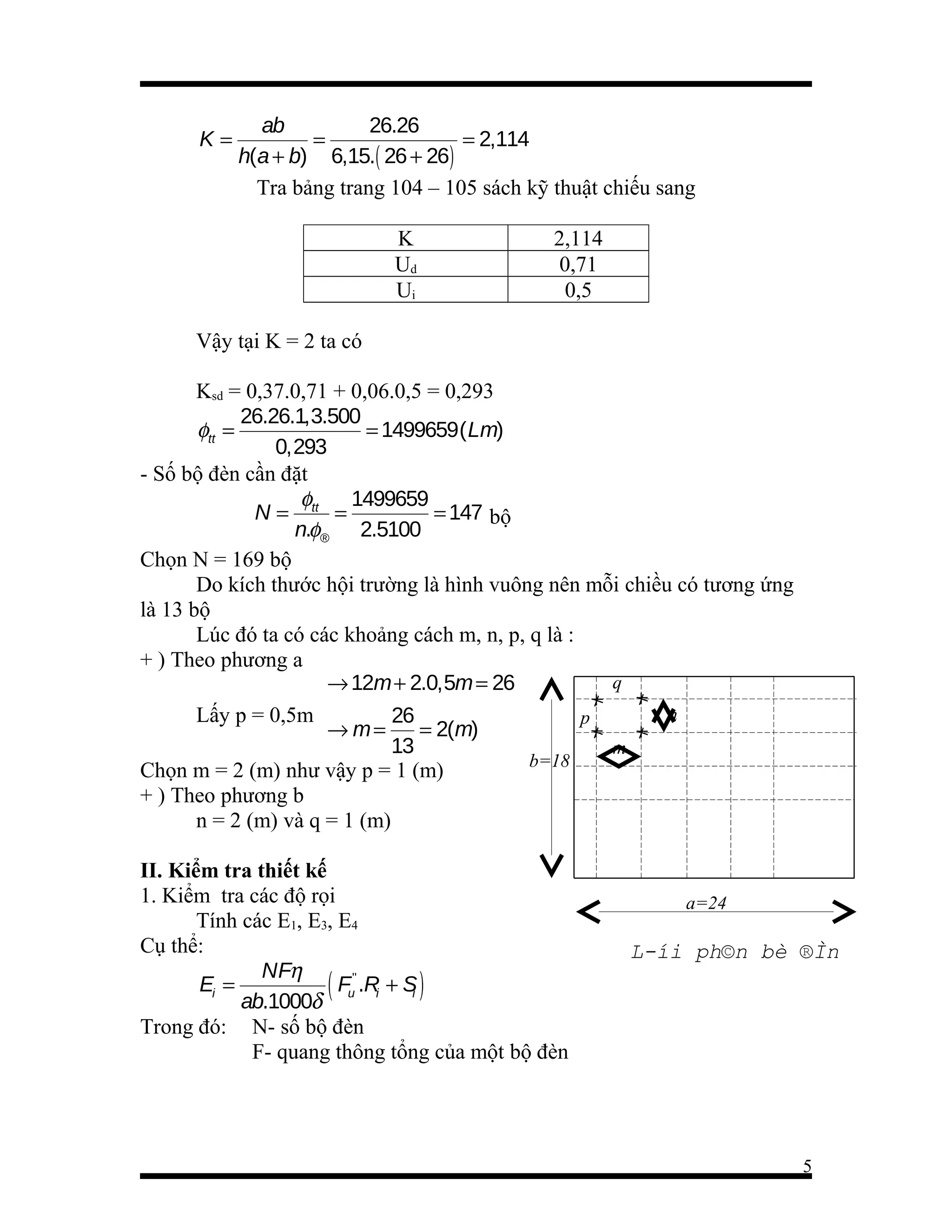 K=

ab
26.26
=
= 2,114
h(a + b) 6,15.( 26 + 26)
Tra bảng trang 104 – 105 sách kỹ thuật chiếu sang
K
Ud
Ui

2,114
0,71
0,5

Vậy tại K = 2 ta có
Ksd = 0,37.0,71 + 0,06.0,5 = 0,293
26.26.1,3.500
φtt =
= 1499659( Lm)
0,293
- Số bộ đèn cần đặt
φ
1499659
N = tt =
= 147 bộ
n.φ® 2.5100
Chọn N = 169 bộ
Do kích thước hội trường là hình vuông nên mỗi chiều có tương ứng
là 13 bộ
Lúc đó ta có các khoảng cách m, n, p, q là :
+ ) Theo phương a
q
→ 12m + 2.0,5m = 26
n
Lấy p = 0,5m
26
p
→ m=
= 2(m)
13
m
b=18
Chọn m = 2 (m) như vậy p = 1 (m)
+ ) Theo phương b
n = 2 (m) và q = 1 (m)
II. Kiểm tra thiết kế
1. Kiểm tra các độ rọi
Tính các E1, E3, E4
Cụ thể:
NFη
Ei =
( Fu'' .Ri + Si )
ab.1000δ
Trong đó: N- số bộ đèn
F- quang thông tổng của một bộ đèn

a=24

L­íi ph©n bè ®Ìn

5

 