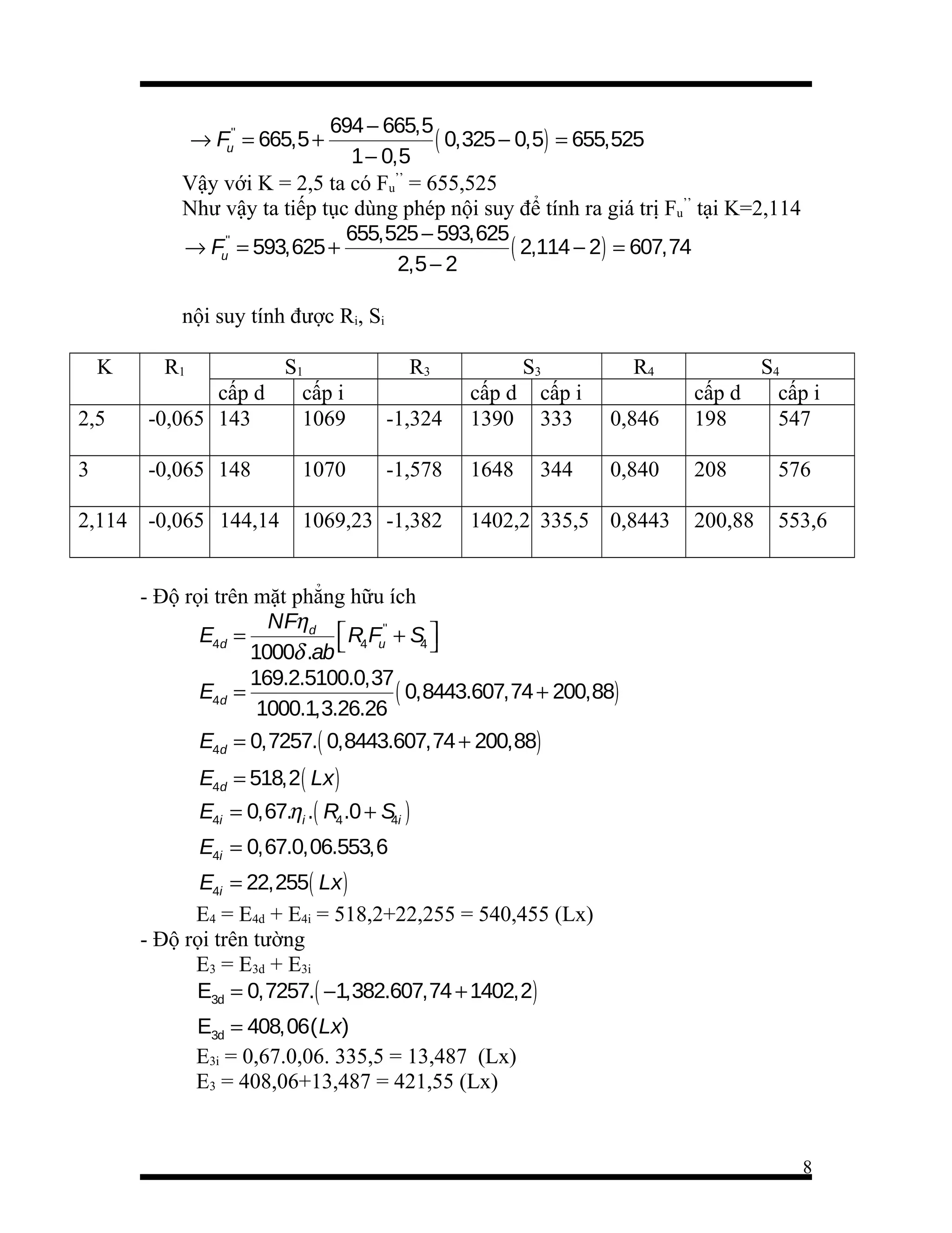694 − 665,5
( 0,325 − 0,5) = 655,525
1 − 0,5
Vậy với K = 2,5 ta có Fu’’ = 655,525
Như vậy ta tiếp tục dùng phép nội suy để tính ra giá trị Fu’’ tại K=2,114
655,525 − 593,625
→ Fu'' = 593,625 +
( 2,114 − 2) = 607,74
2,5 − 2
→ Fu'' = 665,5 +

nội suy tính được Ri, Si
K

R1

2,5

S1
cấp d
cấp i
-0,065 143
1069

3

-0,065 148

2,114 -0,065 144,14

1070

R3
-1,324

S3
cấp d cấp i
1390 333

0,846

S4
cấp d
cấp i
198
547

-1,578

1648

0,840

208

576

200,88

553,6

1069,23 -1,382

344

R4

1402,2 335,5 0,8443

- Độ rọi trên mặt phẳng hữu ích
NFη d
 R4 Fu'' + S4 
E4d =

1000δ .ab 
169.2.5100.0,37
E4d =
( 0,8443.607,74 + 200,88)
1000.1,3.26.26
E4d = 0,7257.( 0,8443.607,74 + 200,88)
E4d = 518,2 ( Lx )

E4i = 0,67.ηi .( R4 .0 + S i )
4
E4i = 0,67.0,06.553,6

E4i = 22,255( Lx )
E4 = E4d + E4i = 518,2+22,255 = 540,455 (Lx)
- Độ rọi trên tường
E3 = E3d + E3i
E3d = 0,7257.( −1,382.607,74 + 1402,2)
E3d = 408,06( Lx)
E3i = 0,67.0,06. 335,5 = 13,487 (Lx)
E3 = 408,06+13,487 = 421,55 (Lx)

8

 