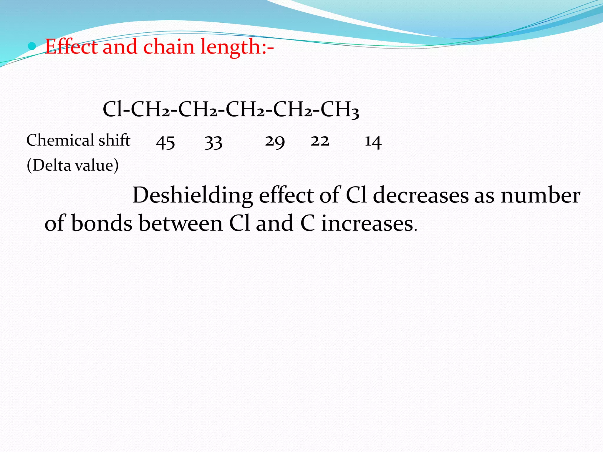  Effect and chain length:-
Cl-CH2-CH2-CH2-CH2-CH3
Chemical shift 45 33 29 22 14
(Delta value)
Deshielding effect of Cl decreases as number
of bonds between Cl and C increases.
 