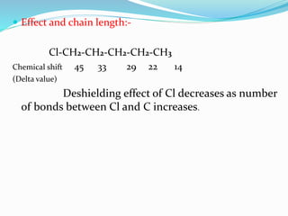  Effect and chain length:-
Cl-CH2-CH2-CH2-CH2-CH3
Chemical shift 45 33 29 22 14
(Delta value)
Deshielding effect of Cl decreases as number
of bonds between Cl and C increases.
 