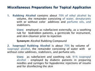 Miscellaneous Preparations for Topical Application

1.   Rubbing Alcohol contains about 70% of ethyl alcohol by
       vol...