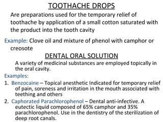 TOOTHACHE DROPS
  Are preparations used for the temporary relief of
  toothache by application of a small cotton saturated...