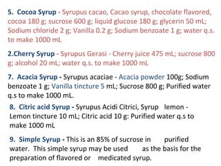 5. Cocoa Syrup - Syrupus cacao, Cacao syrup, chocolate flavored,
cocoa 180 g; sucrose 600 g; liquid glucose 180 g; glyceri...