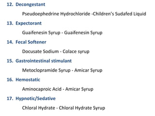 12. Decongestant
       Pseudoephedrine Hydrochloride -Children’s Sudafed Liquid
13. Expectorant
       Guaifenesin Syrup ...