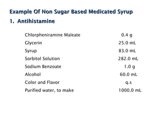 Example Of Non Sugar Based Medicated Syrup
1. Antihistamine

     Chlorpheniramine Maleate         0.4 g
     Glycerin    ...