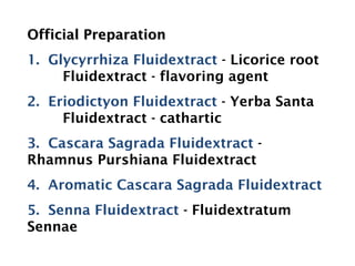 Official Preparation
Official Preparation
1. Glycyrrhiza Fluidextract - Licorice root
Fluidextract - flavoring agent
2. Eriodictyon Fluidextract - Yerba Santa
Fluidextract - cathartic
3. Cascara Sagrada Fluidextract -
Rhamnus Purshiana Fluidextract
4. Aromatic Cascara Sagrada Fluidextract
5. Senna Fluidextract - Fluidextratum
Sennae
 