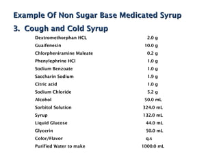 Example Of Non Sugar Base Medicated Syrup
Example Of Non Sugar Base Medicated Syrup
3. Cough and Cold Syrup
3. Cough and Cold Syrup
Dextromethorphan HCL 2.0 g
Guaifenesin 10.0 g
Chlorpheniramine Maleate 0.2 g
Phenylephrine HCl 1.0 g
Sodium Benzoate 1.0 g
Saccharin Sodium 1.9 g
Citric acid 1.0 g
Sodium Chloride 5.2 g
Alcohol 50.0 mL
Sorbitol Solution 324.0 mL
Syrup 132.0 mL
Liquid Glucose 44.0 mL
Glycerin 50.0 mL
Color/Flavor q.s
Purified Water to make 1000.0 mL
 
