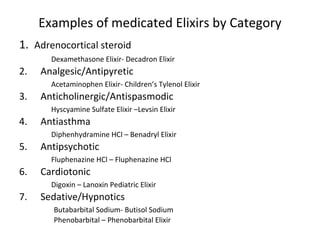 Examples of medicated Elixirs by Category
1. Adrenocortical steroid
Dexamethasone Elixir- Decadron Elixir
2. Analgesic/Antipyretic
Acetaminophen Elixir- Children’s Tylenol Elixir
3. Anticholinergic/Antispasmodic
Hyscyamine Sulfate Elixir –Levsin Elixir
4. Antiasthma
Diphenhydramine HCl – Benadryl Elixir
5. Antipsychotic
Fluphenazine HCl – Fluphenazine HCl
6. Cardiotonic
Digoxin – Lanoxin Pediatric Elixir
7. Sedative/Hypnotics
Butabarbital Sodium- Butisol Sodium
Phenobarbital – Phenobarbital Elixir
 