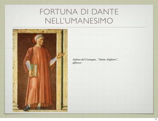 FORTUNA DI DANTE
NELL’UMANESIMO

Andrea del Castagno, “Dante Alighieri”,
affresco

17

 