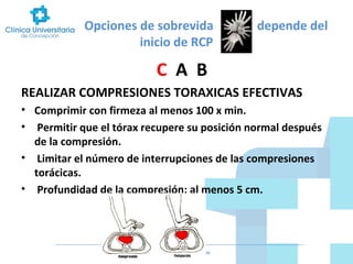 Opciones de sobrevida
inicio de RCP

depende del

C A B
REALIZAR COMPRESIONES TORAXICAS EFECTIVAS
• Comprimir con firmeza al menos 100 x min.
• Permitir que el tórax recupere su posición normal después
de la compresión.
• Limitar el número de interrupciones de las compresiones
torácicas.
• Profundidad de la compresión: al menos 5 cm.

 