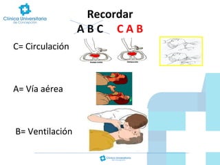 Recordar
ABC CAB
C= Circulación

A= Vía aérea

B= Ventilación

 