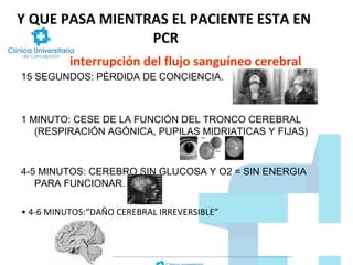 Y QUE PASA MIENTRAS EL PACIENTE ESTA EN
PCR
interrupción del flujo sanguíneo cerebral
15 SEGUNDOS: PÉRDIDA DE CONCIENCIA.

1 MINUTO: CESE DE LA FUNCIÓN DEL TRONCO CEREBRAL
(RESPIRACIÓN AGÓNICA, PUPILAS MIDRIATICAS Y FIJAS)

4-5 MINUTOS: CEREBRO SIN GLUCOSA Y O2 = SIN ENERGIA
PARA FUNCIONAR.
• 4-6 MINUTOS:“DAÑO CEREBRAL IRREVERSIBLE”

 
